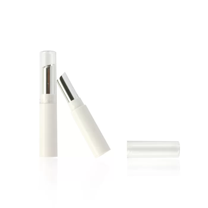 Slim Cylinder Lip Balm Container Packaging Silver Slant Top Custom White Thin Case Clear Lid - LB072
