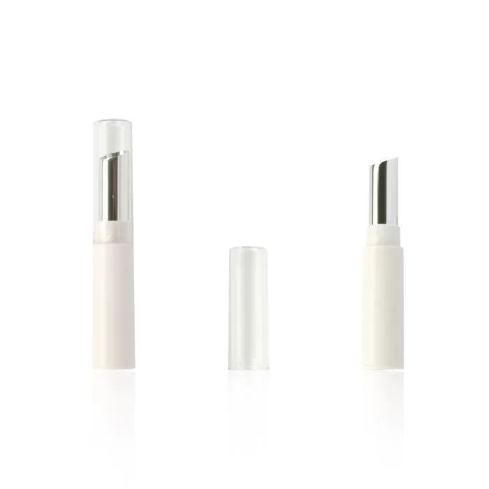 Slim Cylinder Lip Balm Container Packaging Silver Slant Top Custom White Thin Case Clear Lid - LB072 - Image 4