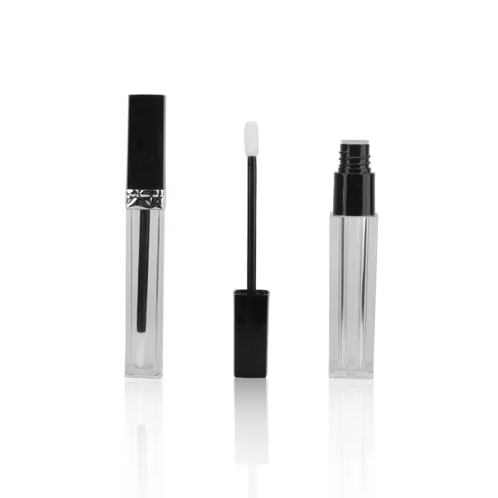 Black Silver Lid Square Lip Gloss Containers 5-8ml With Brush Printed Clear Bottles - LG216
