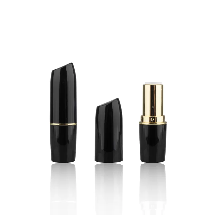 Custom Glossy Black Luxury Lipstick Packaging Case Empty Round Tube Metallic Silver Gold Middle Ring - LS193