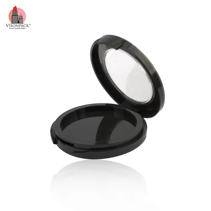 2 Layers Black Empty Pressed Powder Case Round with Mirror Clear Cover OEM - P047 - Image 2