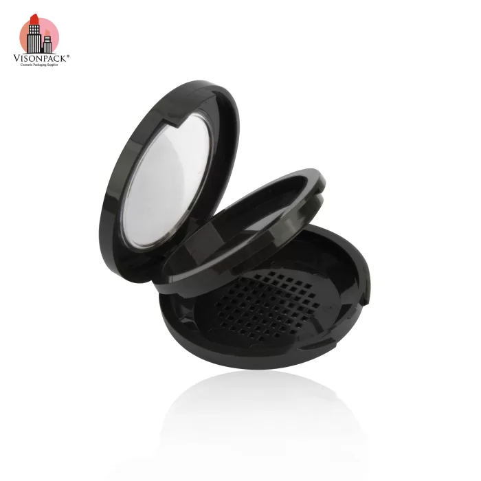 2 Layers Black Empty Pressed Powder Case Round with Mirror Clear Cover OEM - P047 - Image 3