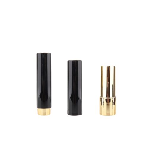 OEM Customized New Push up Plastic Lipstick Tube 5g Luxury Shiny Black Round Chapstick Container 12.1mm with Gold Foiling Labels - 09-LS117