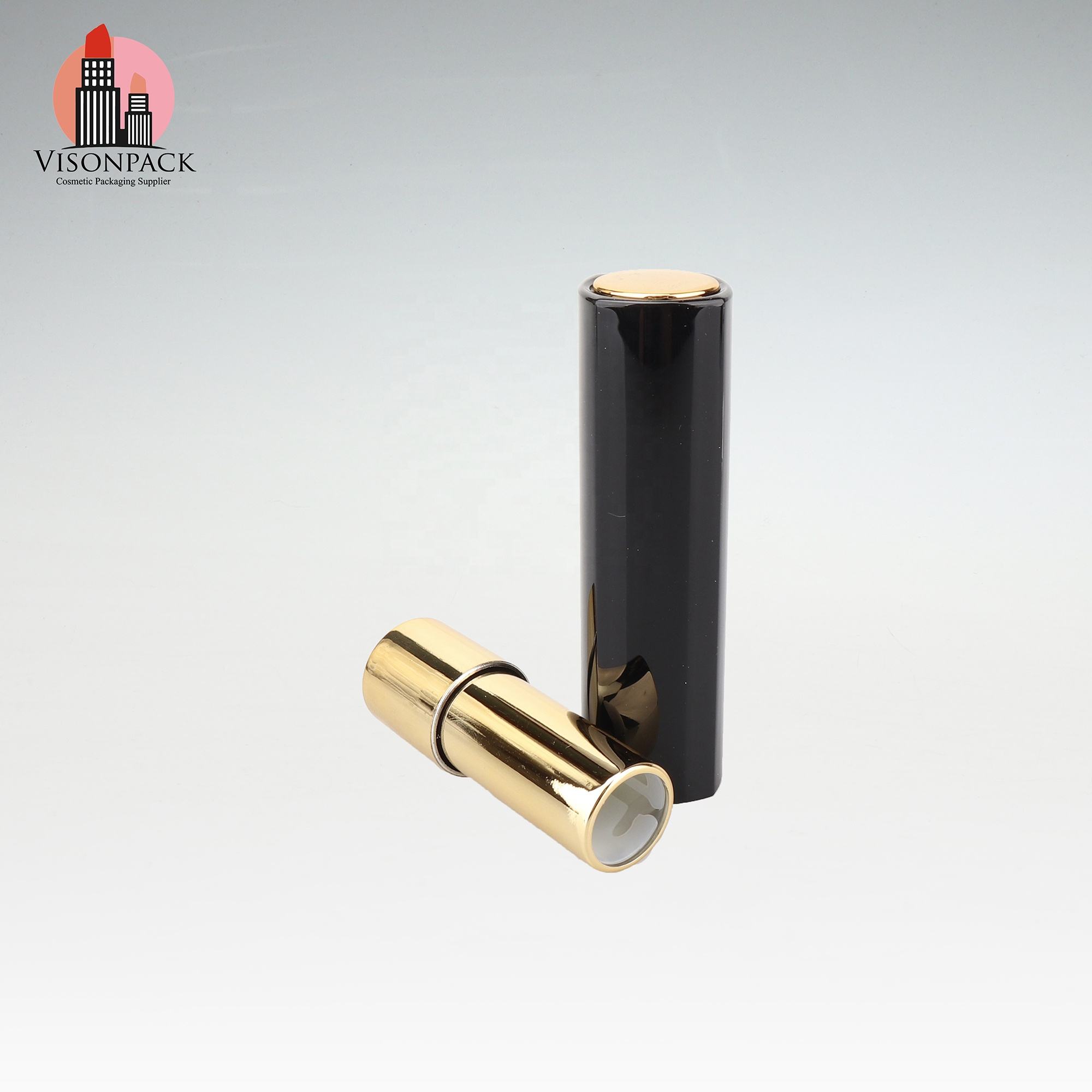 OEM Customized New Push up Plastic Lipstick Tube 5g Luxury Shiny Black Round Chapstick Container 12.1mm with Gold Foiling Labels - 09-LS117 - Image 2