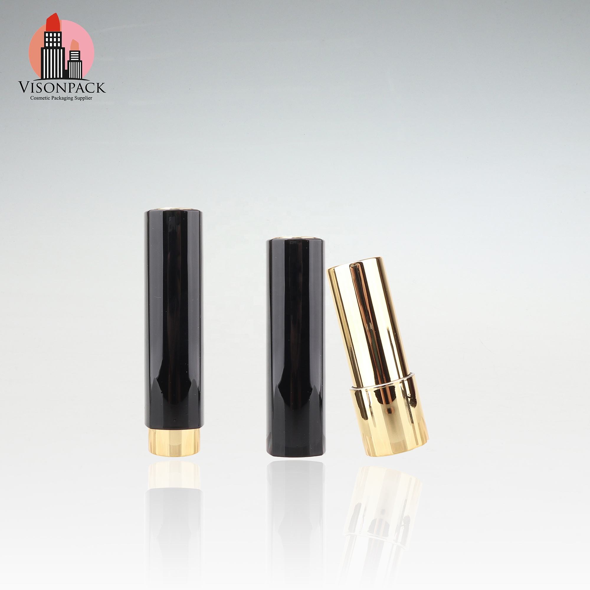 OEM Customized New Push up Plastic Lipstick Tube 5g Luxury Shiny Black Round Chapstick Container 12.1mm with Gold Foiling Labels - 09-LS117 - Image 5