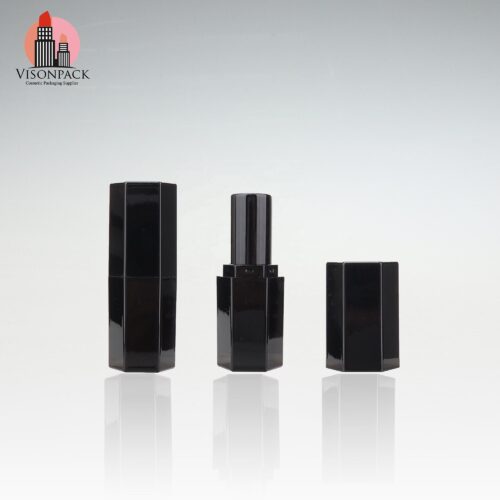 Classic Hexagonal Lipstick Tube With Embossed Logo Black Lipstick Case Lip Balm Packaging Manufacturer Plastic Packaging Logo - 09-LS127
