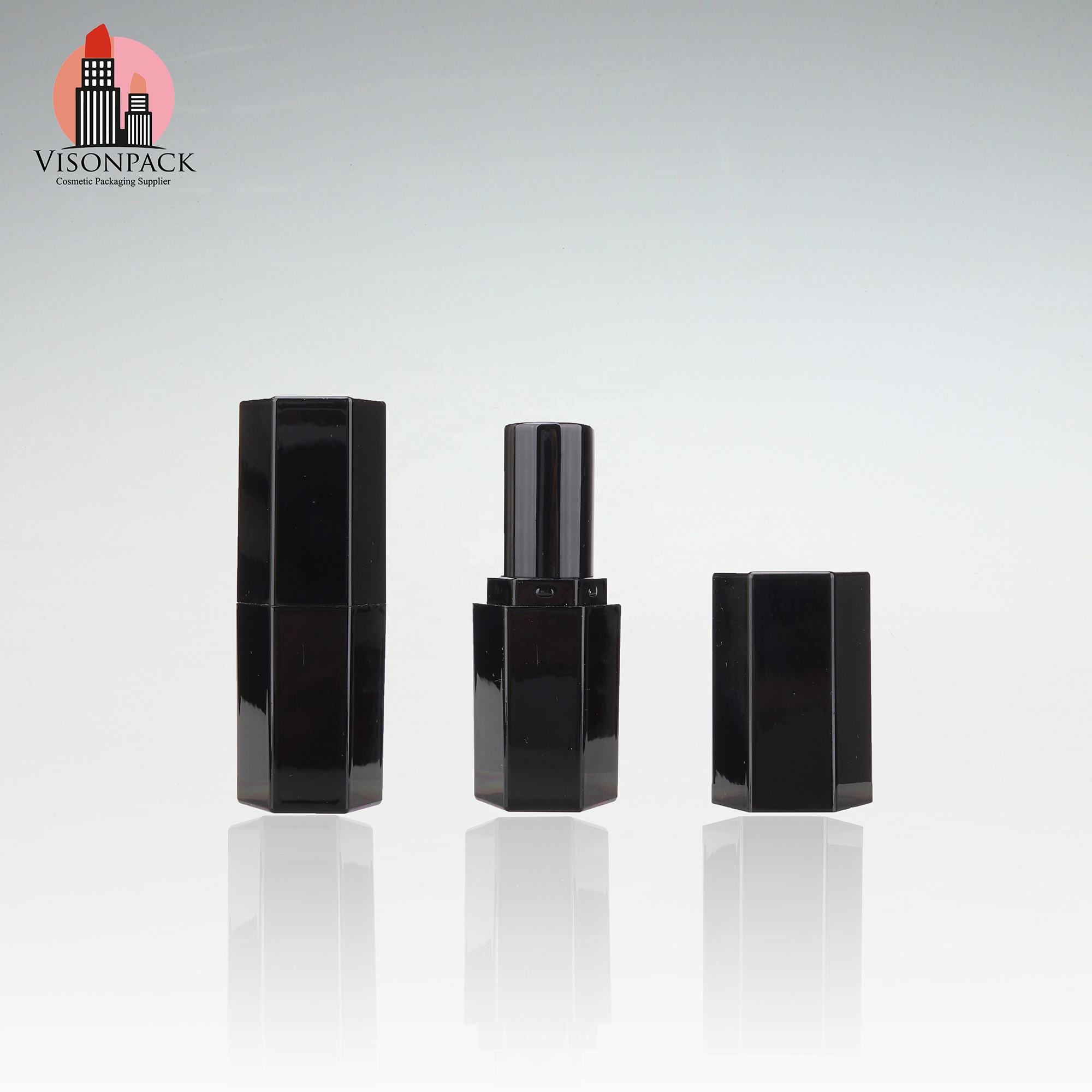 Classic Hexagonal Lipstick Tube With Embossed Logo Black Lipstick Case Lip Balm Packaging Manufacturer Plastic Packaging Logo - 09-LS127