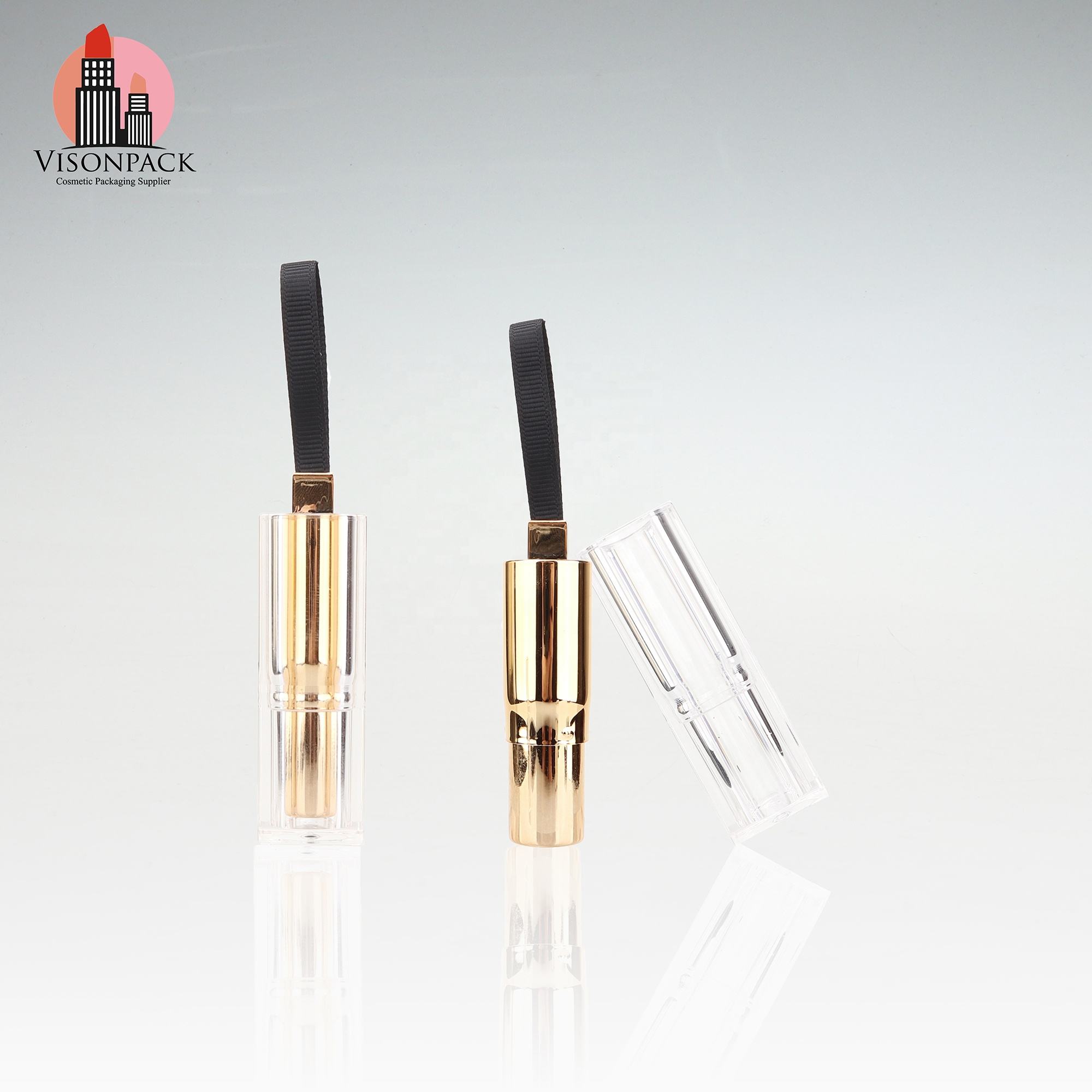 China Supplier Cosmetic Packing Clear Top Lipstick Gold Tube Empty Chapstick Transparent Square Cover Wholesale Mass Production - 09-LS146 - Image 2