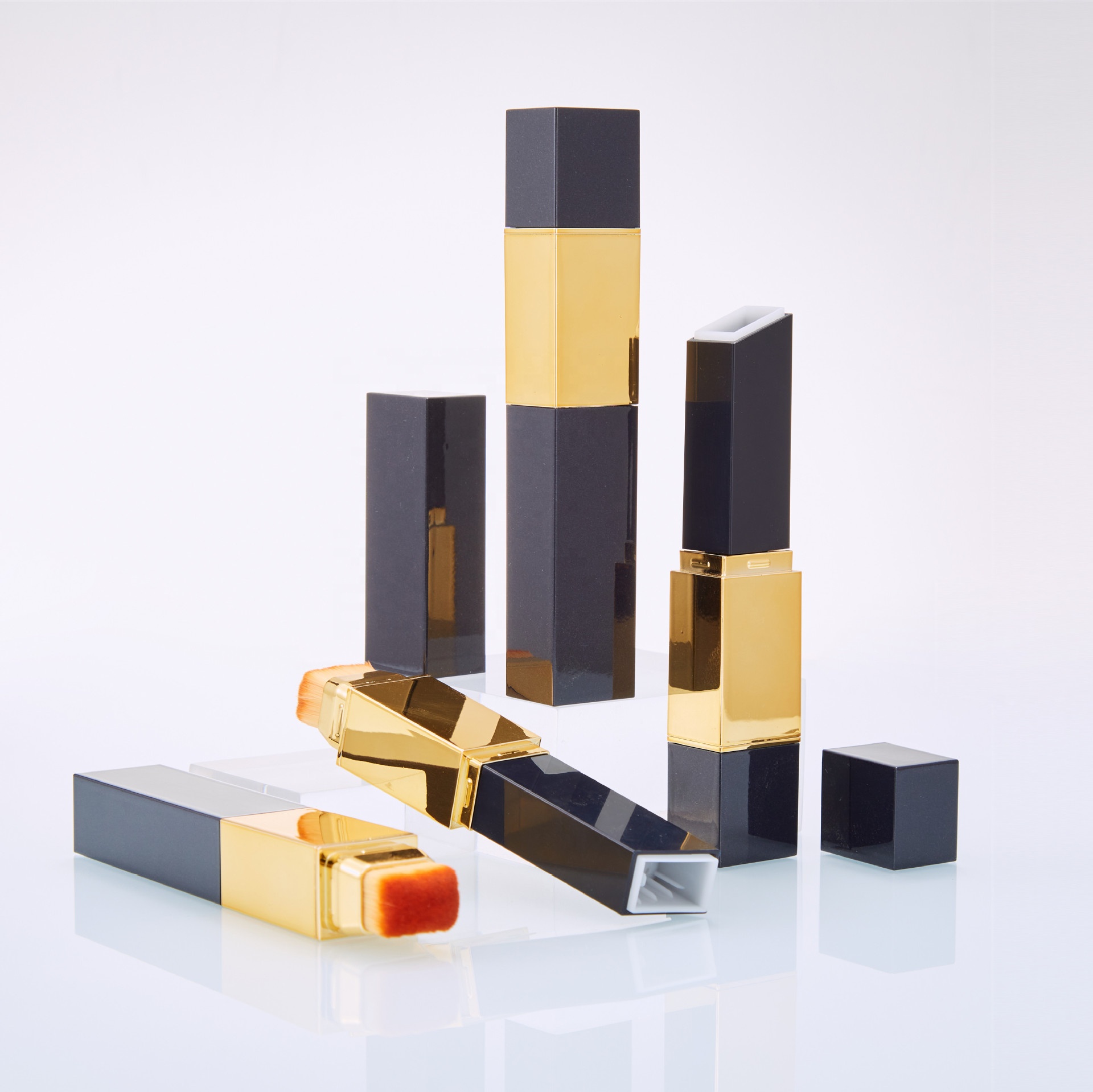 Gold Black Square Foundation Stick Container Double Head With Foundation Brush Lipsick Tube Highlight Stick Empty Makeup Package - F1202 - Image 2