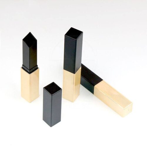 Custom Luxury Small Gold Tube Square 3.5g Matte Velvet Lipstick Tube Thin Rectangular Lip Balm Container Black Gold Oblique Top - LSS35A