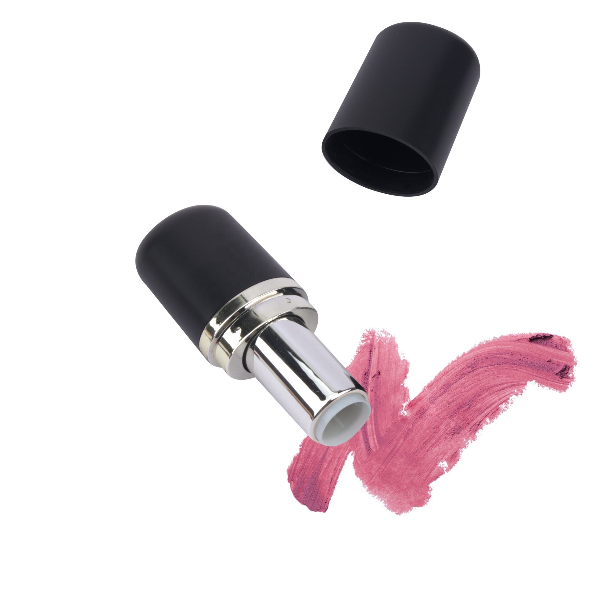 Makeup Package Manufacturer Oval Shape Lipstick Case Matte Black Chapstick Container With Silver Band Logo Printing Lipbalm Tube - LS994