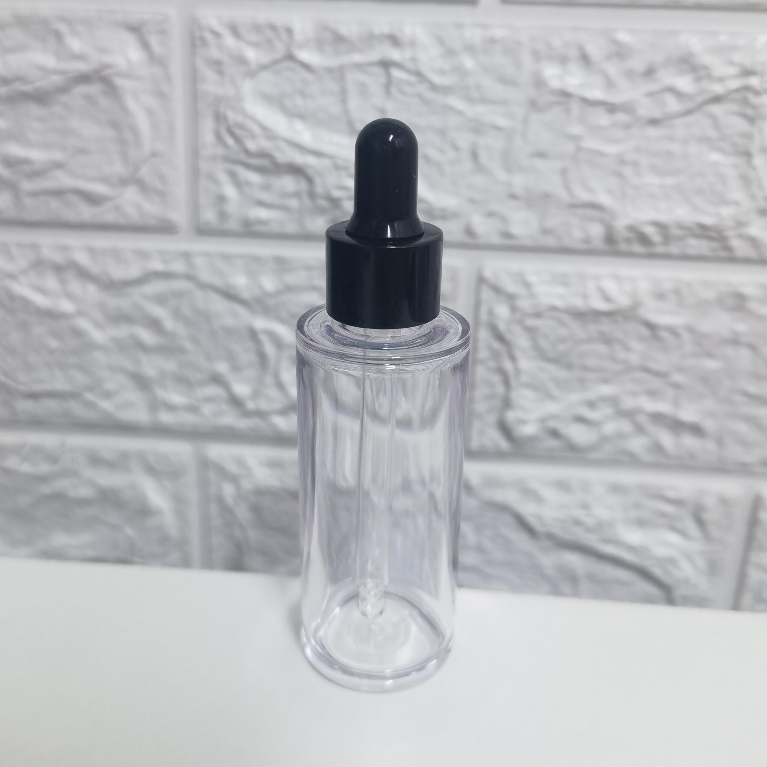 Skin Care Package 30ml Round Plastic Serum Bottle Glass Dropper Essential Oil Lotion Clear Bottle PP Rubber Cap Flat Shoulder - PB1319D
