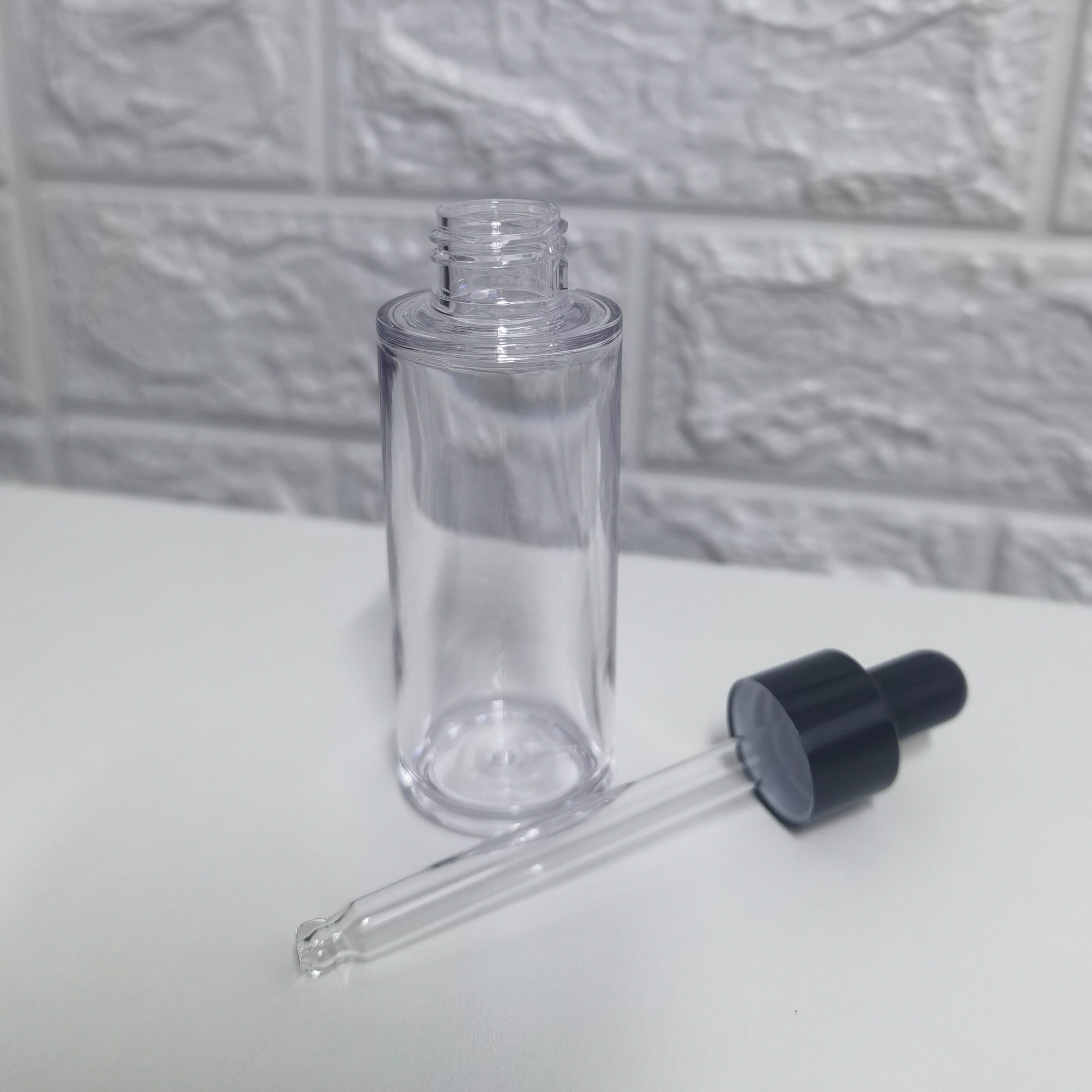 Skin Care Package 30ml Round Plastic Serum Bottle Glass Dropper Essential Oil Lotion Clear Bottle PP Rubber Cap Flat Shoulder - PB1319D - Image 4