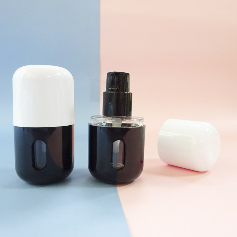 Manufacturer Custom 35ml Liquid Fakeup Cream Bottle Capsule Shape Black Clear Round Press Lock Pump Lotion Bottle - PB1704 - Image 4