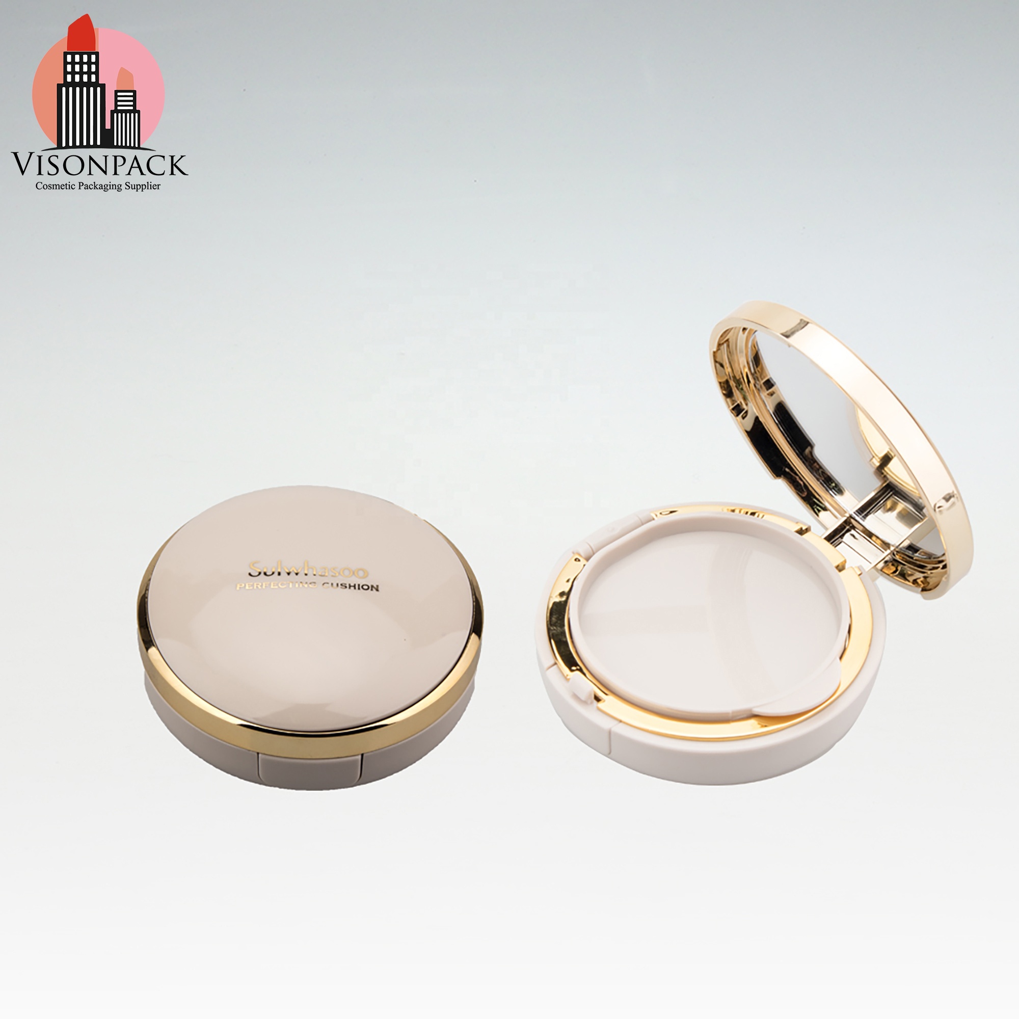 Wholesale Cosmetic Round Compact Powder Case With Mirror Empty Foundation BB Air Cushion Case White and Silver Treatment Logos - 05-P011 - Image 3