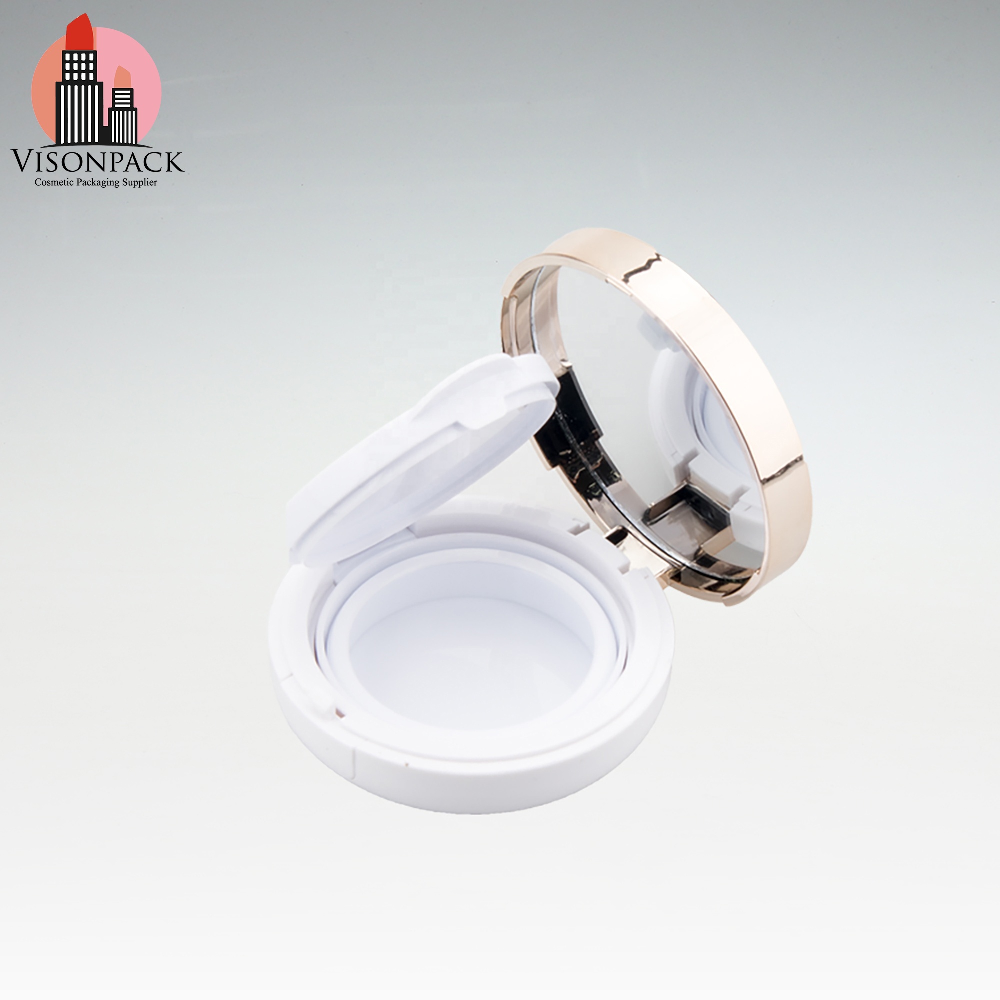 Wholesale Cosmetic Round Compact Powder Case With Mirror Empty Foundation BB Air Cushion Case White and Silver Treatment Logos - 05-P011 - Image 4