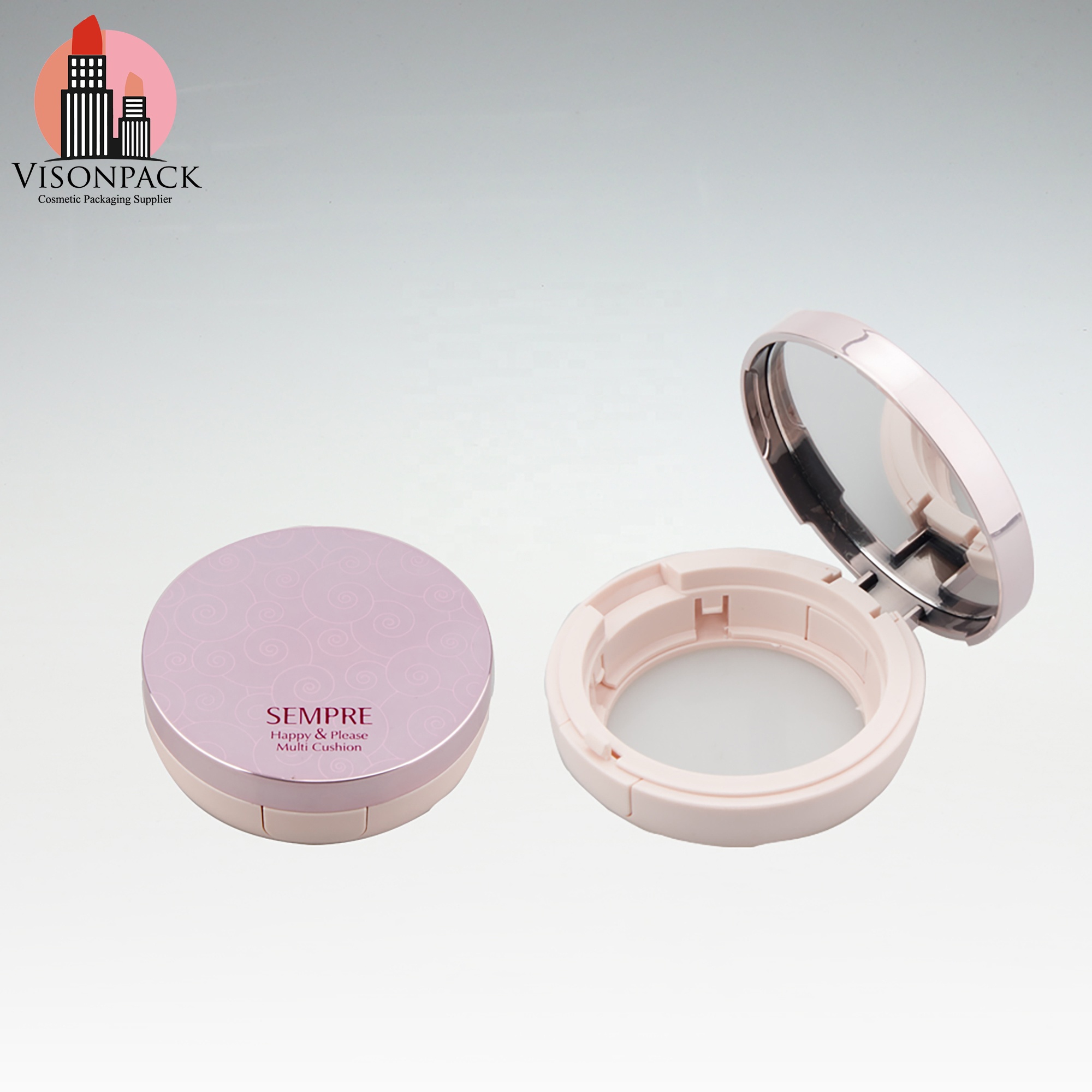 Wholesale Cosmetic Round Compact Powder Case With Mirror Empty Foundation BB Air Cushion Case White and Silver Treatment Logos - 05-P012