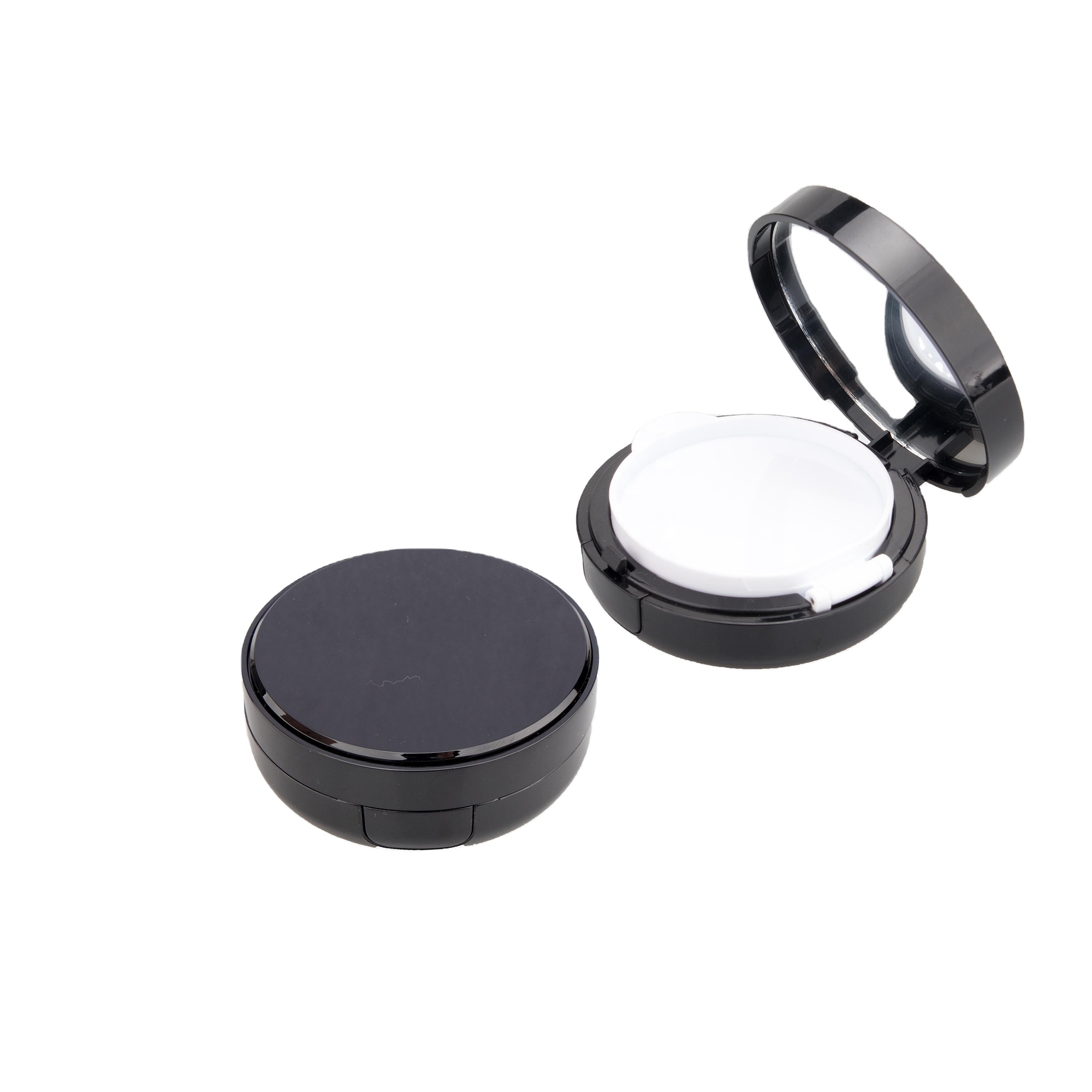 Custom Matte Shiny Black Round Mirror Compact Powder Case Air Cushion Empty Foundation Compact Puff Box BB Cream Pressed Case - 05-P028