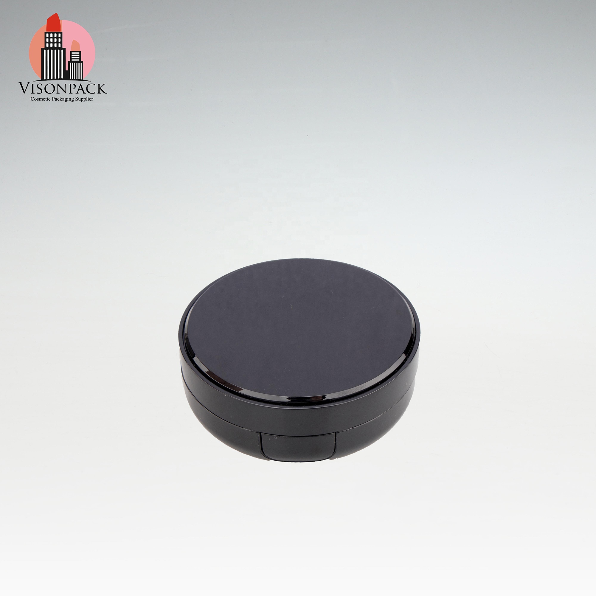 Custom Matte Shiny Black Round Mirror Compact Powder Case Air Cushion Empty Foundation Compact Puff Box BB Cream Pressed Case - 05-P028 - Image 2