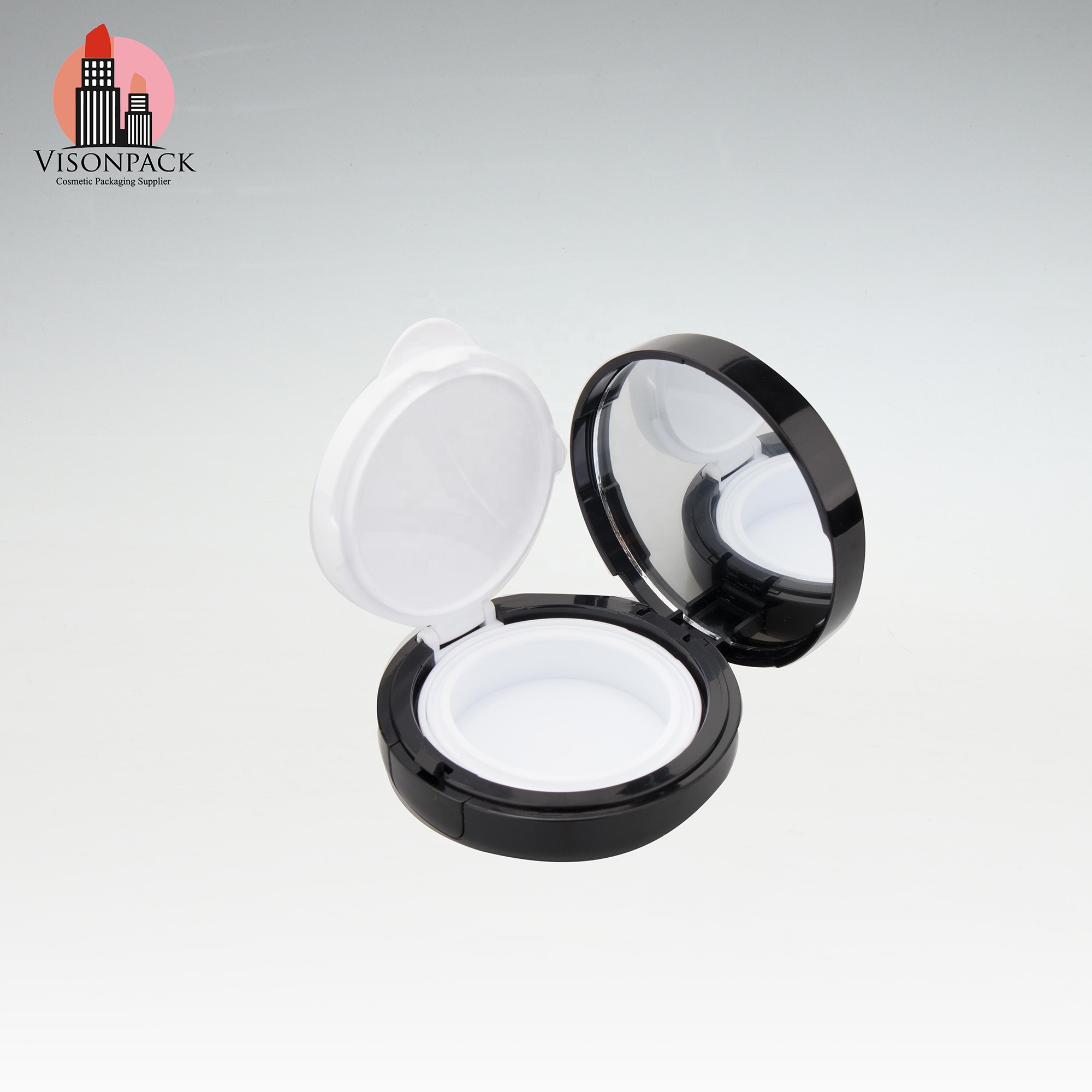 Custom Matte Shiny Black Round Mirror Compact Powder Case Air Cushion Empty Foundation Compact Puff Box BB Cream Pressed Case - 05-P028 - Image 3