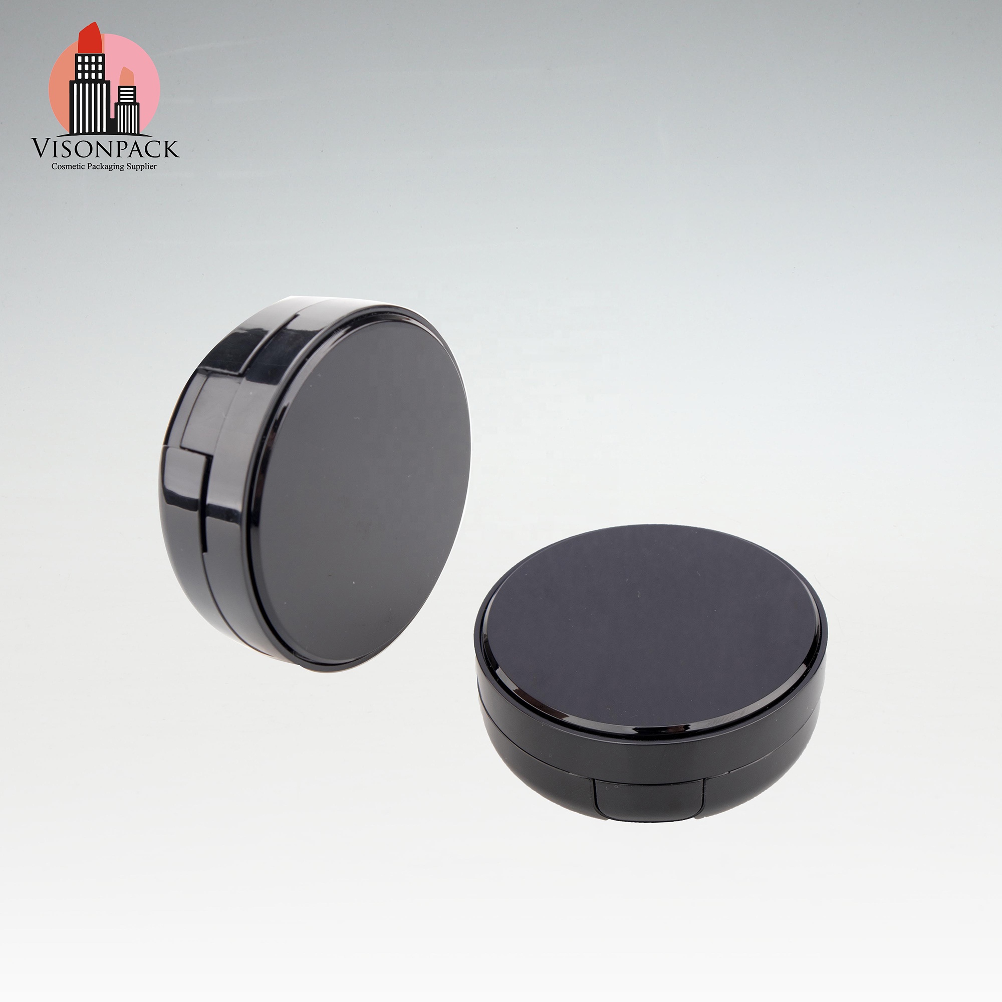 Custom Matte Shiny Black Round Mirror Compact Powder Case Air Cushion Empty Foundation Compact Puff Box BB Cream Pressed Case - 05-P028 - Image 4