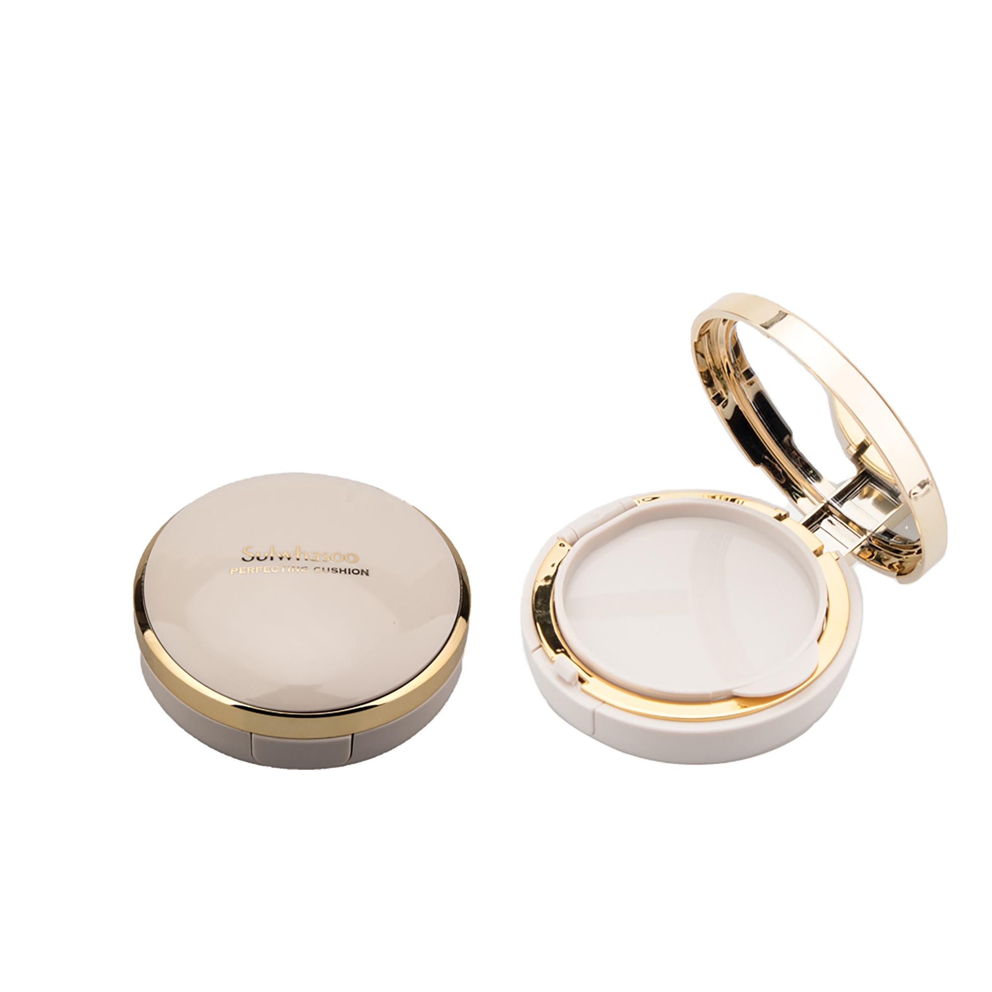 Customize Label Empty Nude Air Cushion BB Cream Foundation Case 2 Layers Round Powder Compact Packaging with Mirror Gold Ring - P013