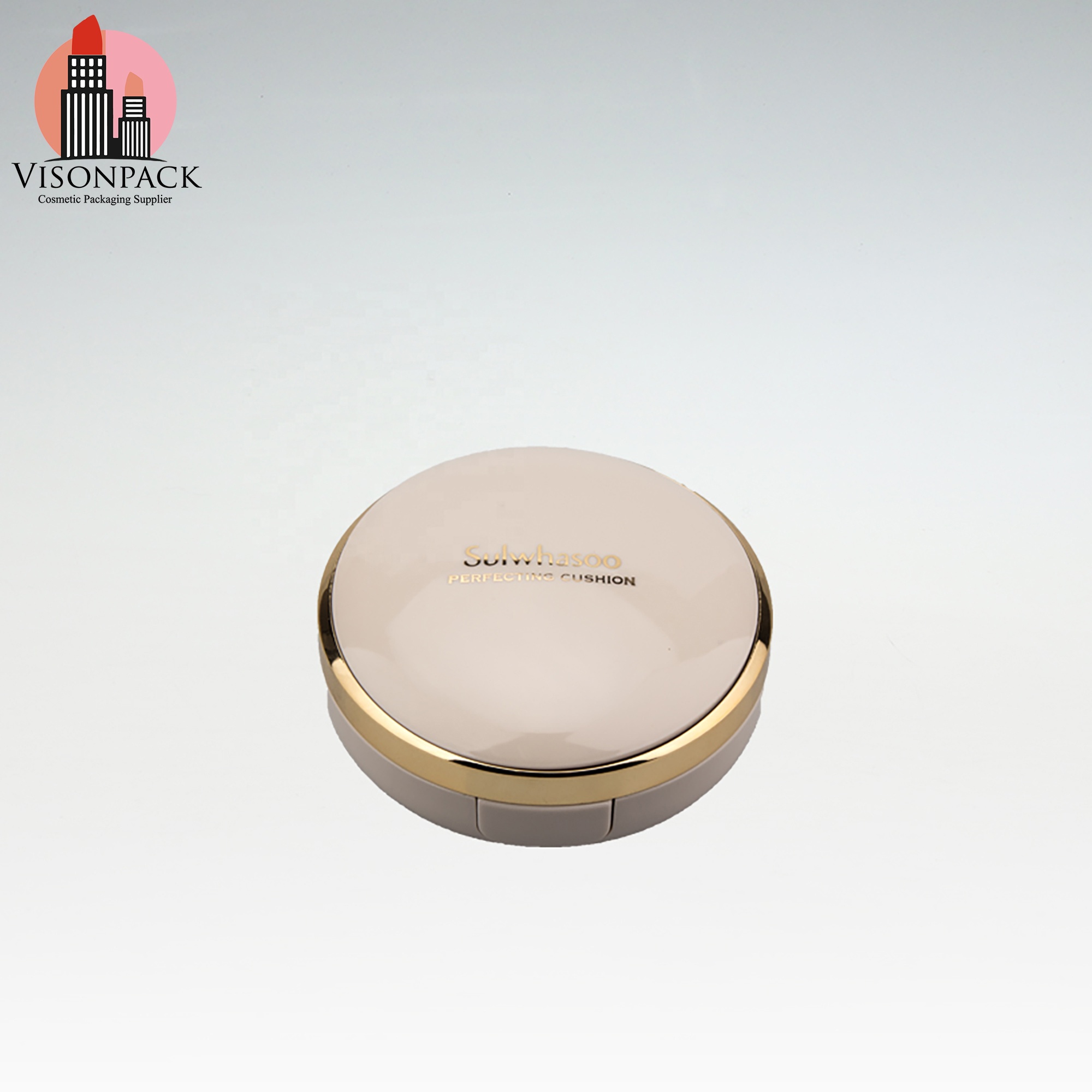 Customize Label Empty Nude Air Cushion BB Cream Foundation Case 2 Layers Round Powder Compact Packaging with Mirror Gold Ring - P013 - Image 2