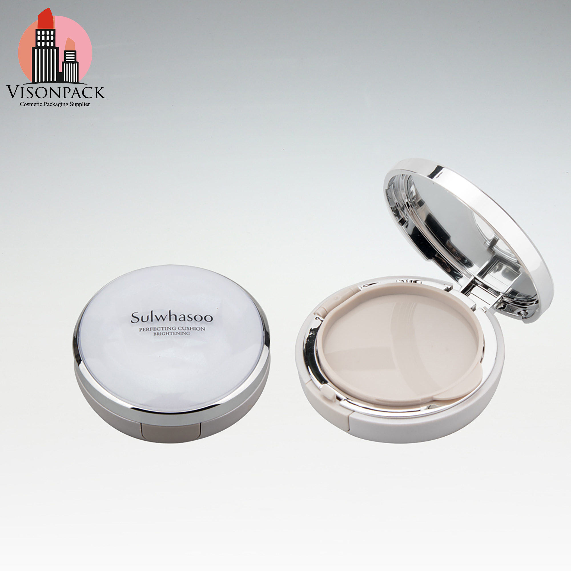 Customize Label Empty Nude Air Cushion BB Cream Foundation Case 2 Layers Round Powder Compact Packaging with Mirror Gold Ring - P013 - Image 3