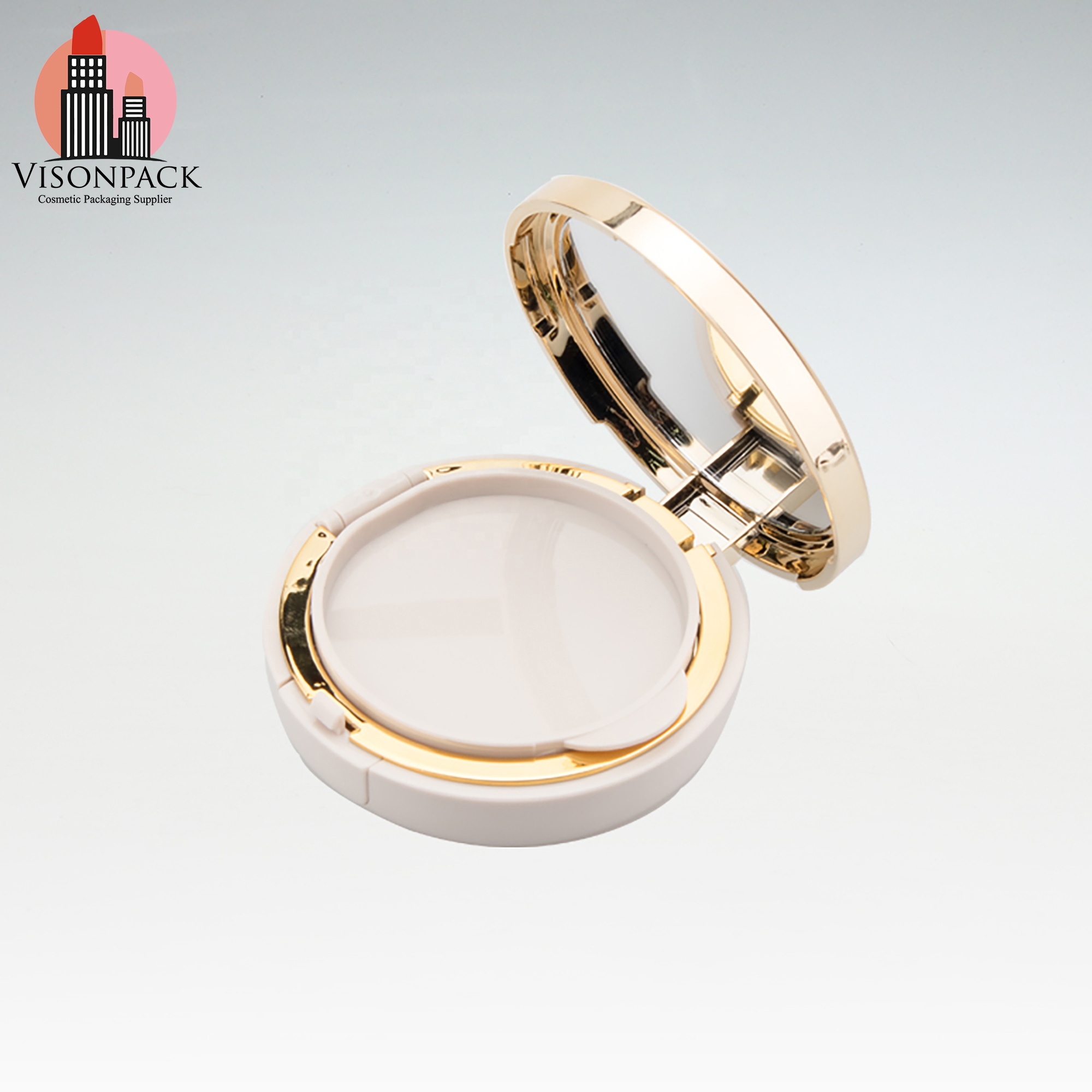 Customize Label Empty Nude Air Cushion BB Cream Foundation Case 2 Layers Round Powder Compact Packaging with Mirror Gold Ring - P013 - Image 4