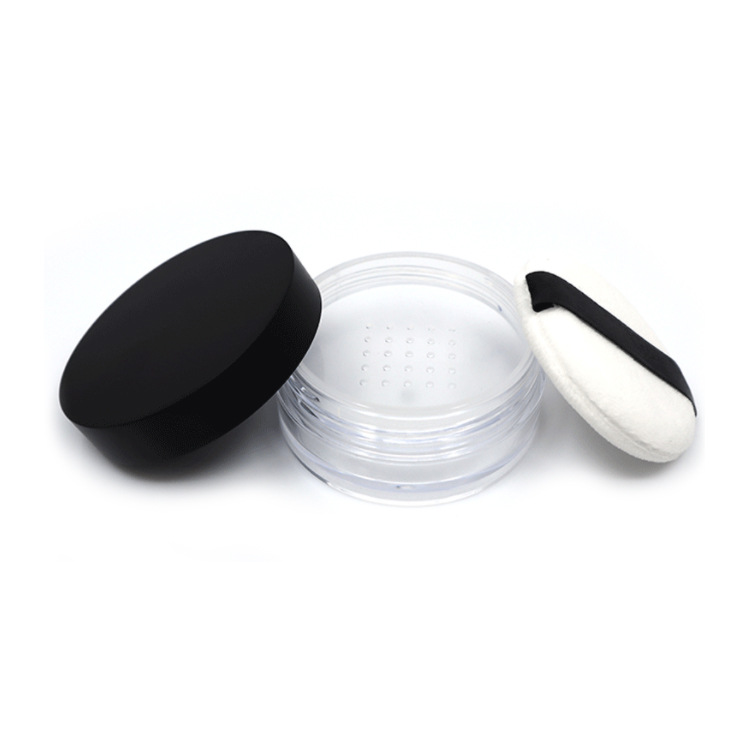 Empty Makeup Case Plastic Round Loose Powder Jar 10g 12g Black Lid Logo Blush Powder Compact Container With Sifter Mesh Puff - P1383C