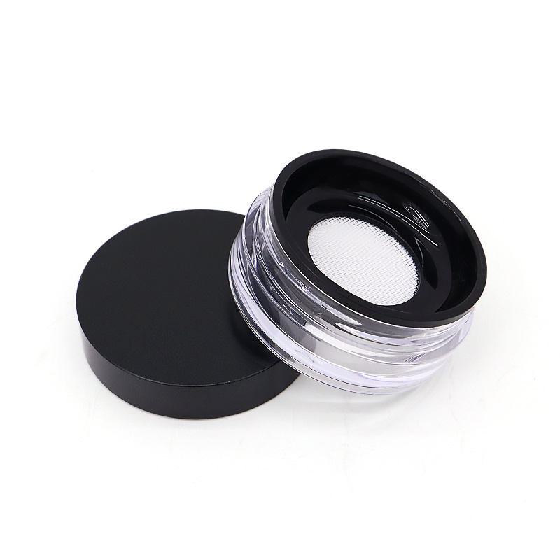 Empty Makeup Case Plastic Round Loose Powder Jar 10g 12g Black Lid Logo Blush Powder Compact Container With Sifter Mesh Puff - P1383C - Image 2