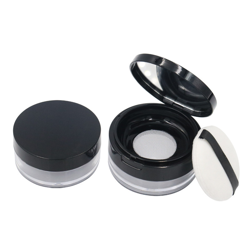 Empty Makeup Case Plastic Round Loose Powder Jar 10g 12g Black Lid Logo Blush Powder Compact Container With Sifter Mesh Puff - P1383C - Image 5
