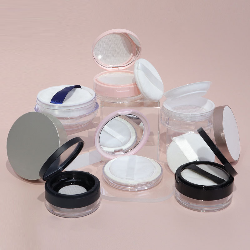 Empty Makeup Case Plastic Round Loose Powder Jar 10g 12g Black Lid Logo Blush Powder Compact Container With Sifter Mesh Puff - P1383C - Image 3